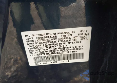 2011 Honda Pilot Lx z USA, uszkodzony, nr VIN 5FNYF4H22BB082252